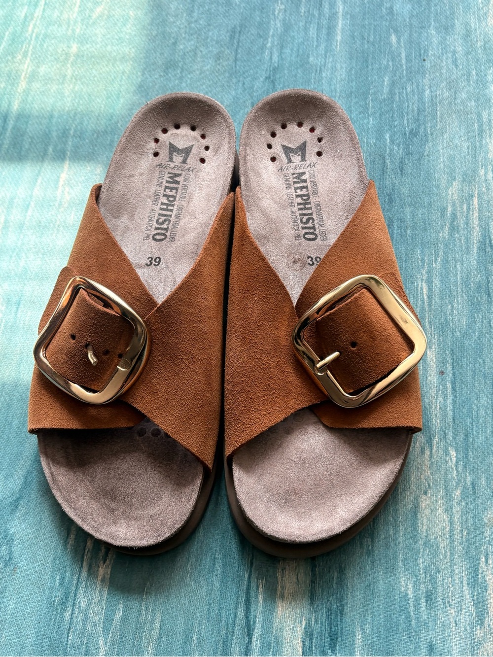 Brand New Mephisto Women's Tan Suede Hariana Slide Sandals with Gold Buckle